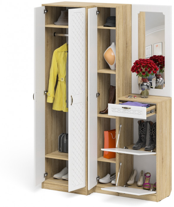 Прихожая П-6 Компоновка № 29, цвет дуб сонома/фасады МДФ белое дерево фрезеровка ромб, ШхГхВ 140х50х210 см., универсальная сборка