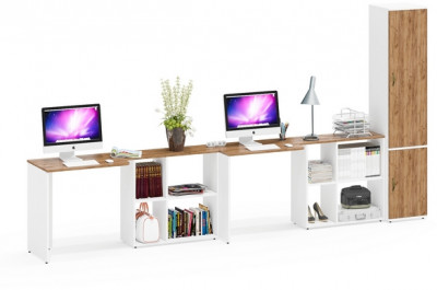 Лидер-8 Стол + Стол + Пенал МД 21Б, цвет белый шагрень/крафт золото, ШхГхВ 370х50/37,5х75/190 или 230х120/50х75/190 см., НЕ универсальная сборка