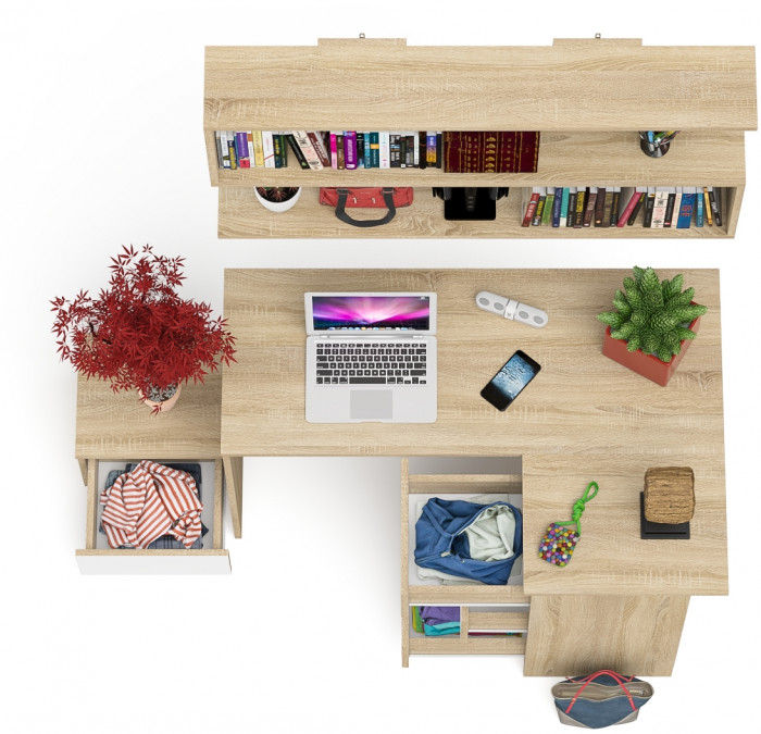 Мори Стол компьютерный МС-16 правый + Тумба ТМП400.1 + Полка 1200, цвет дуб сонома/белый, ШхГхВ 164,8х84,9х209,6 см., НЕ универс. сборка