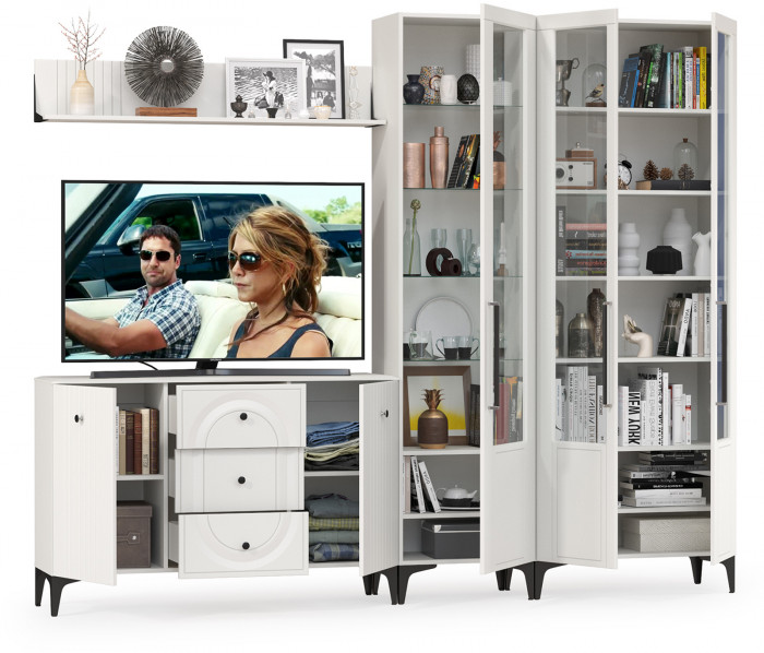 Валенсия Гостиная № 115, цвет ЛДСП белый шагрень/МДФ белый шагрень, ШхГхВ 272,3х38,4х225,2 см., универсальная сборка