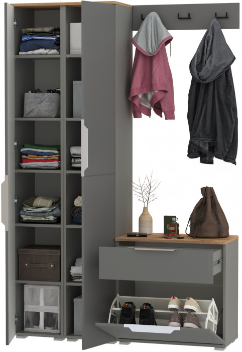 Октава Прихожая 19, цвет серый графит/дуб крафт золотой/фасады МДФ серый графит, ШхГхВ 129,3х35,4х197,6 см., универсальная сборка