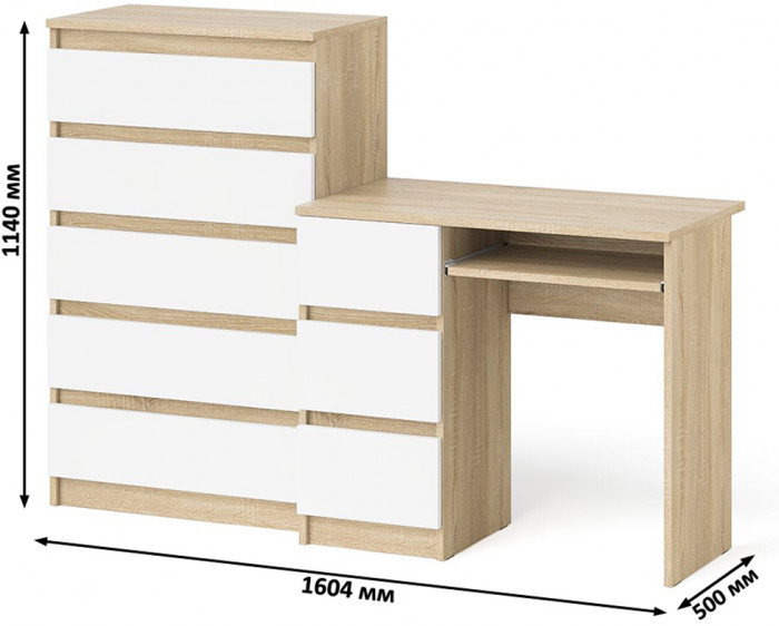 Мори Стол компьютерный МС-6 левый + Комод МК700.5, цвет дуб сонома/белый, ШхГхВ 160,4х50х114 см., выдвижные ящики слева, НЕ универсальная сборка