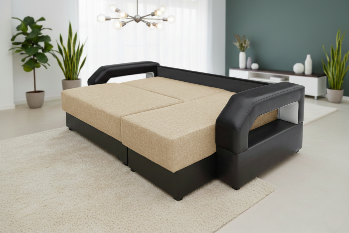 Угловой диван-еврокнижка Манчестер 160х200, с подсветкой, велюр/экокожа бежевая/коричневая