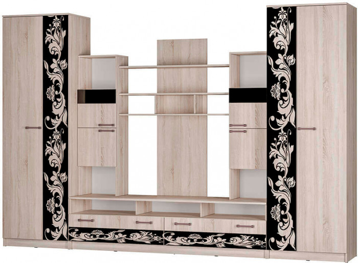 Гостиная "Багира" (3300х2200х500) дуб сонома/стекло каштан