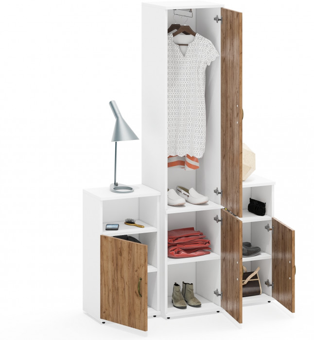 Лидер-8 Пенал МД 21Б + Тумба МД 3.19 + Тумба МД 3.19, цвет белый шагрень/крафт золото, ШхГхВ 120х37,5х190 см., универсальная сборка