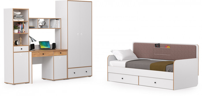 Вуди Компоновка № 36, цвет белый премиум/дуб крафт золотой/саванна латте, сп. м. 900х2000 мм., б/м, основание есть, матрас высотой до 200 мм.