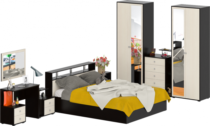 Камелия спальня № 3 Кровать 1600 + Две тумбы + Стол косметич. + Зеркало + Комод + Шкаф 4-х, цвет венге/дуб лоредо, сп.м. 1600х2000 мм., б/м, осн. есть