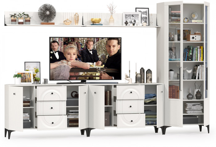 Валенсия Гостиная № 121, цвет ЛДСП белый шагрень/МДФ белый шагрень, ШхГхВ 350,4х38,4х225,2 см., универсальная сборка