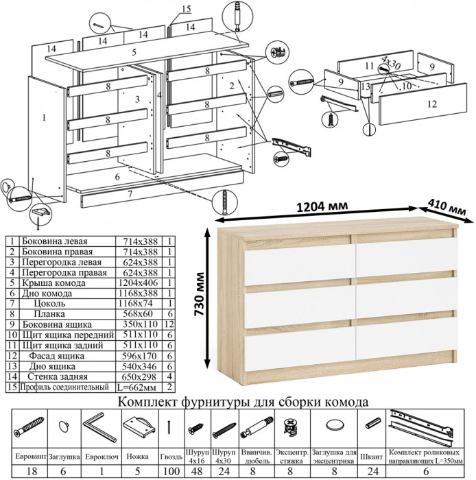 Мори Комод МК1200.6, цвет дуб сонома/белый, ШхГхВ 120,4х41х73 см.