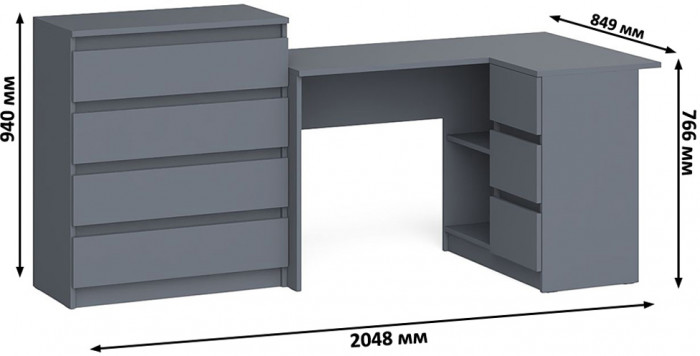 Мори компьютерный стол МС-16 правый + Комод МК800.4, графит