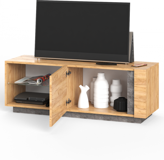 КР100 ??? Арчи Тумба 10.85, цвет дуб крафт золотой/камень тёмный, ШхГхВ 130х41,3х46,1 см., подсветка за стеклом по торцу полки, универсальная сборка