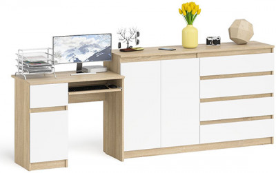 Мори компьютерный стол МС-1 левый + Комод МК1600.1, дуб сонома/белый