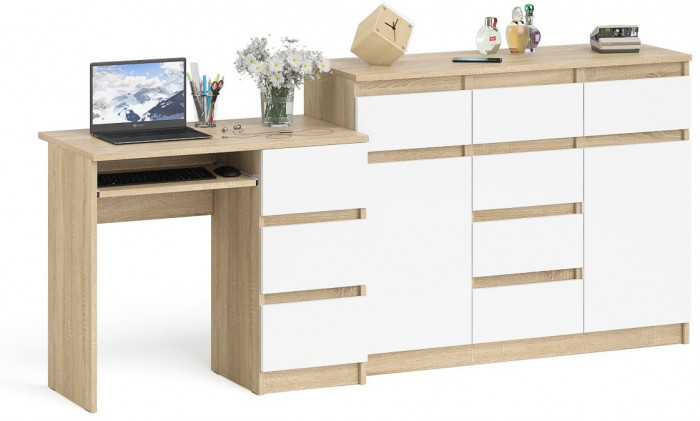 Мори компьютерный стол МС-6 правый + Комод МК1200.4, дуб сонома/белый