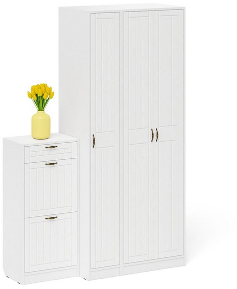 Прихожая П-6 Компоновка № 48, цвет белая шагрень/фасады МДФ белое дерево фрезеровка прованс, ШхГхВ 140х50х210 см., универсальная сборка