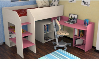 Детская кровать-чердак Теремок-2, Дуб молочный / Розовый