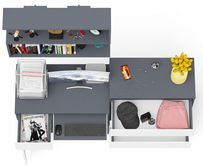 Мори Стол компьютерный МС-1 левый + Комод МК800.4 + Полка 900, цвет графит/белый, ШхГхВ 170,4х50х209,6 см., НЕ универсальная сборка