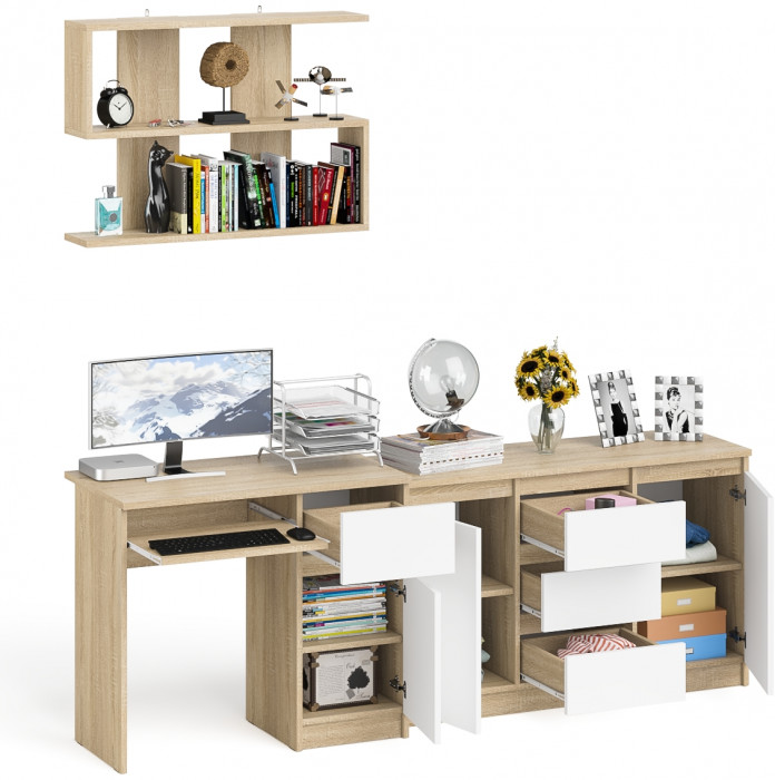 Мори Стол компьютерный МС-1 правый + Комод МК1200.3 + Полка 900, цвет дуб сонома/белый, ШхГхВ 210,4х50х209,6 см., НЕ универсальная сборка
