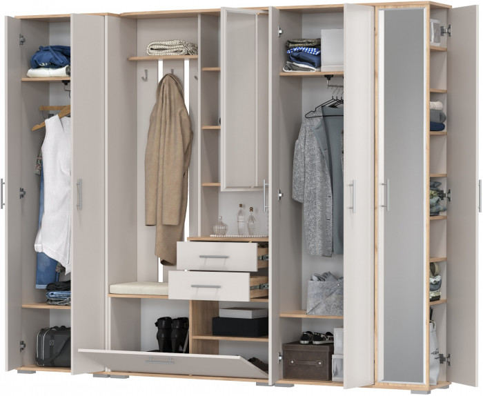 Прихожая Домино 6, цвет дуб крафт золотой/кашемир серый, ШхГхВ 248х36х202 см., универсальная сборка