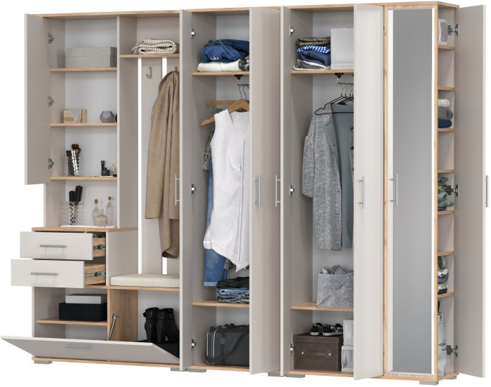 Прихожая Домино 6, цвет дуб крафт золотой/кашемир серый, ШхГхВ 248х36х202 см., универсальная сборка