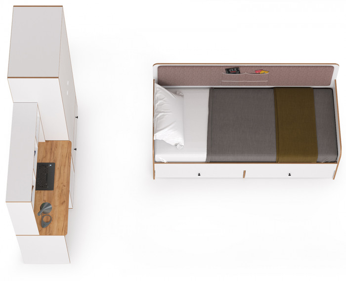 Вуди Компоновка № 38, цвет белый премиум/дуб крафт золотой/саванна латте, сп. м. 900х2000 мм., б/м, основание есть, матрас высотой до 200 мм.