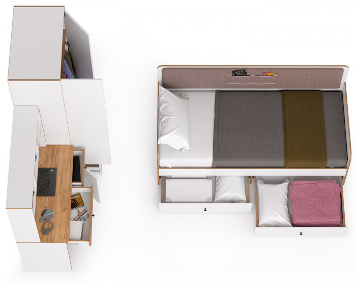 Вуди Компоновка № 38, цвет белый премиум/дуб крафт золотой/саванна латте, сп. м. 900х2000 мм., б/м, основание есть, матрас высотой до 200 мм.