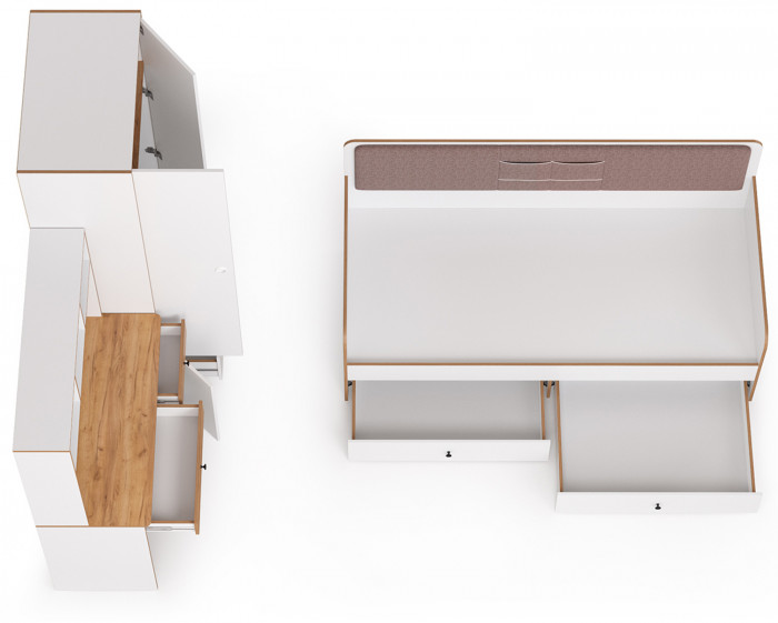 Вуди Компоновка № 38, цвет белый премиум/дуб крафт золотой/саванна латте, сп. м. 900х2000 мм., б/м, основание есть, матрас высотой до 200 мм.