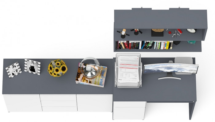 Мори Стол компьютерный МС-1 левый + Комод МК1200.3 + Полка 900, цвет графит/белый, ШхГхВ 210,4х50х209,6 см., НЕ универсальная сборка