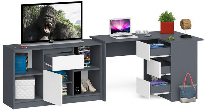 Мори Стол компьютерный МС-16 правый + Тумба МТВ1204.1, цвет графит/белый, ШхГхВ 244,8х84,9х76,6 см., выдвижные ящики справа, НЕ универсальная сборка