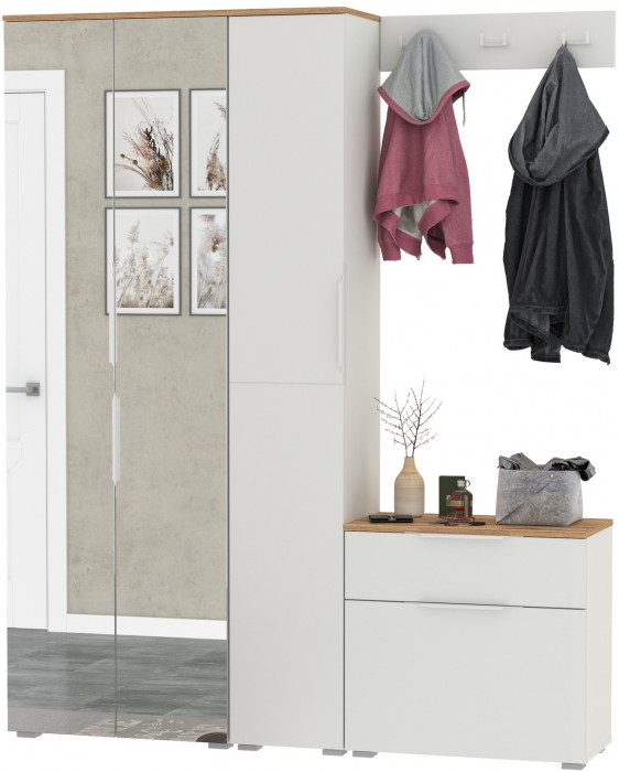 Октава Прихожая 23, цвет белый шагрень/дуб крафт золотой/фасады МДФ белый шагрень, ШхГхВ 161,5х35,4х197,6 см., универсальная сборка