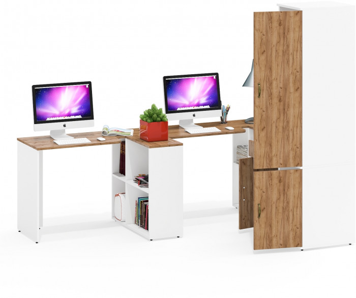 Лидер-8 Стол + Стол + Пенал МД 23Б + Тумба МД 3.15, цвет белый шагрень/крафт золото, ШхГхВ 410х50х75/190 или 230х160/50х75/190 см., НЕ ун. сб.