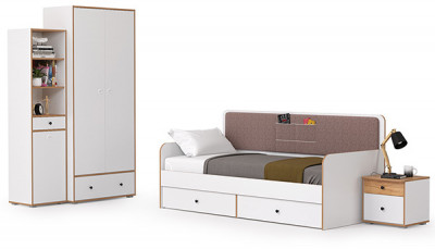 Вуди Компоновка № 40, цвет белый премиум/дуб крафт золотой/саванна латте, сп. м. 900х2000 мм., б/м, основание есть, матрас высотой до 200 мм.