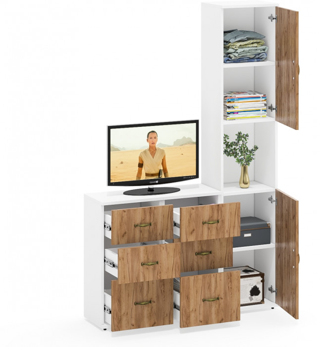 Лидер-8 Пенал + Тумба МД 3.16 + Тумба МД 3.16, цвет белый шагрень/крафт золото, ШхГхВ 120х50х190 см., универсальная сборка