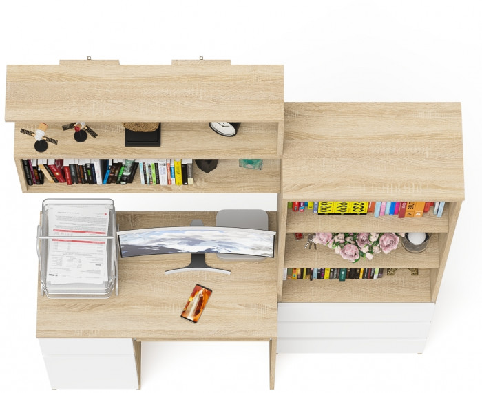 Мори Стол компьютерный МС-1 левый + Стеллаж МСТ600.3 + Полка 900, цвет дуб сонома/белый, ШхГхВ 150,4х50х209,6 см., НЕ универсальная сборка