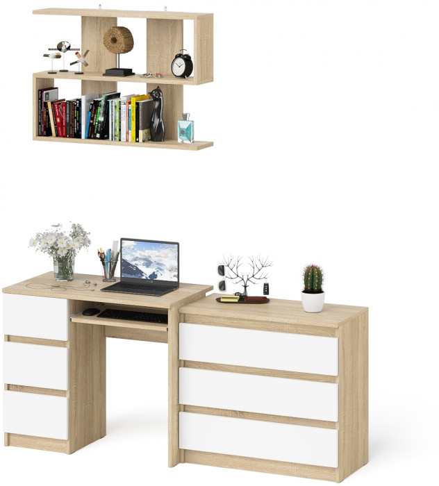 Мори Стол компьютерный МС-6 левый + Комод МК800.1 + Полка 900, цвет дуб сонома/белый, ШхГхВ 170,4х50х209,6 см., НЕ универсальная сборка