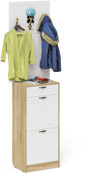 Прихожая П-6 Тумба для обуви 2 секции + Вешалка, дуб сонома/фасады МДФ белое дерево фрезеровка прованс