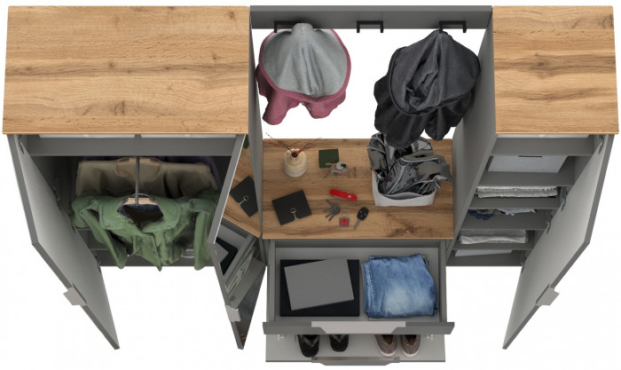 Октава Прихожая 23, цвет серый графит/дуб крафт золотой/фасады МДФ серый графит, ШхГхВ 161,5х35,4х197,6 см., универсальная сборка