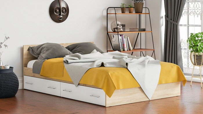 Мори Кровать с ящиками 1400, дуб сонома/белый