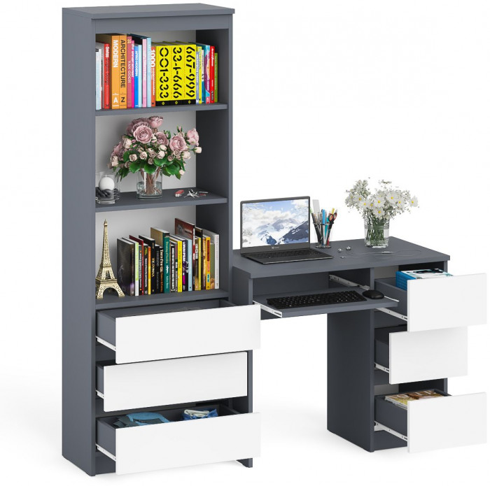 Мори Стол компьютерный МС-6 правый + Стеллаж МСТ600.3, цвет графит/белый, ШхГхВ 150,4х50х179,6 см., выдвижные ящики справа, НЕ универсальная сборка