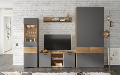 Модульная гостиная Дублин, набор №1, Дуб крафт золотой/Графит серый