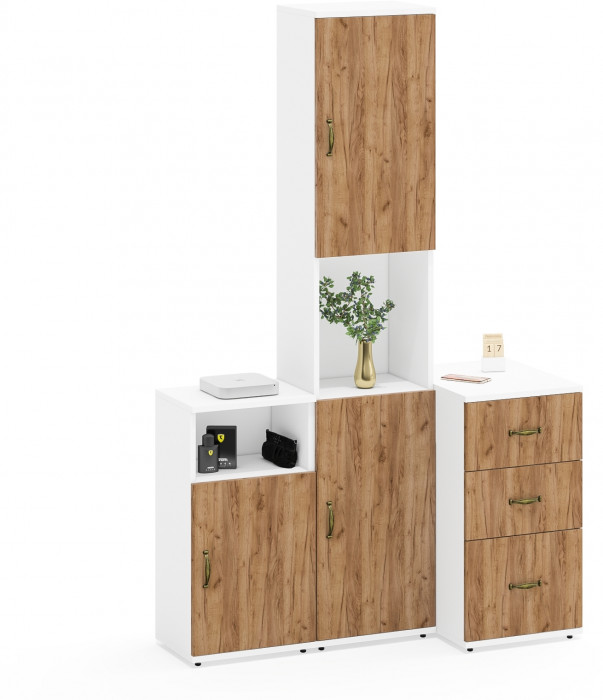 Лидер-8 Пенал + Тумба МД 3.16 + Тумба МД 3.19, цвет белый шагрень/крафт золото, ШхГхВ 120х50х190 см., универсальная сборка