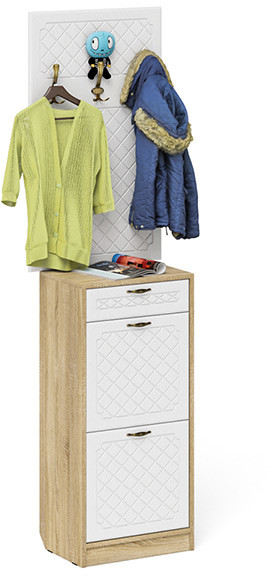 Прихожая П-6 Тумба для обуви 2 секции + Вешалка, дуб сонома/фасады МДФ белое дерево фрезеровка ромб