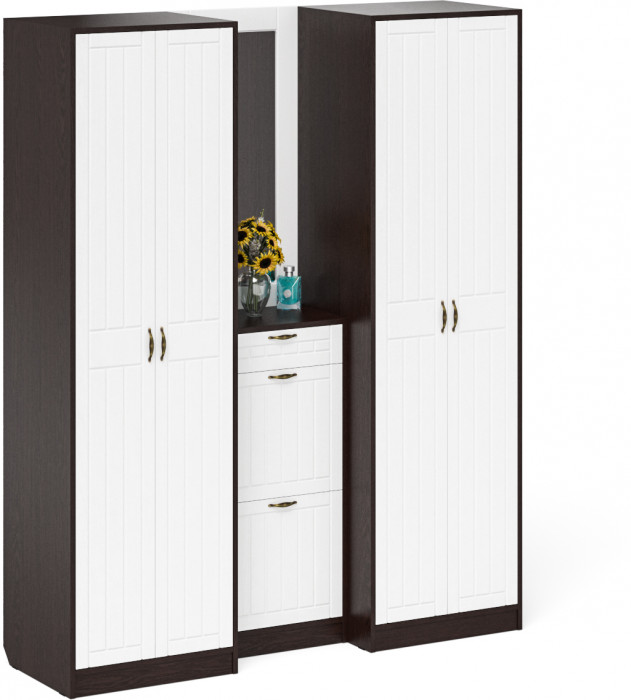 Прихожая П-6 Компоновка № 14, цвет венге/фасады МДФ белое дерево фрезеровка прованс, ШхГхВ 170х50х210 см., универсальная сборка