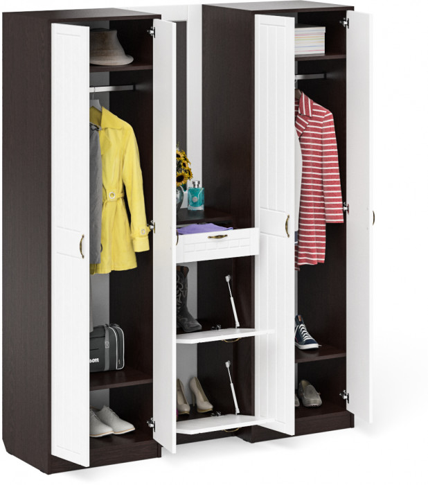 Прихожая П-6 Компоновка № 14, цвет венге/фасады МДФ белое дерево фрезеровка прованс, ШхГхВ 170х50х210 см., универсальная сборка