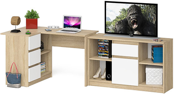 Мори компьютерный стол МС-16 левый + Тумба МТВ1204.1, дуб сонома/белый
