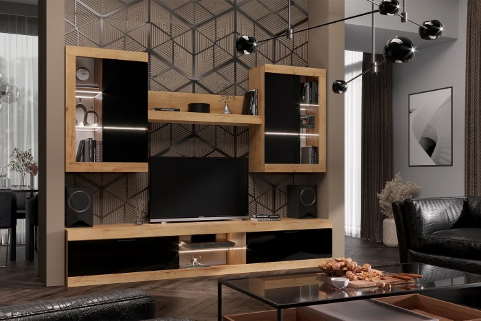 Прага Модульная Гостиная, вариант №3, вотан/Черный глянец