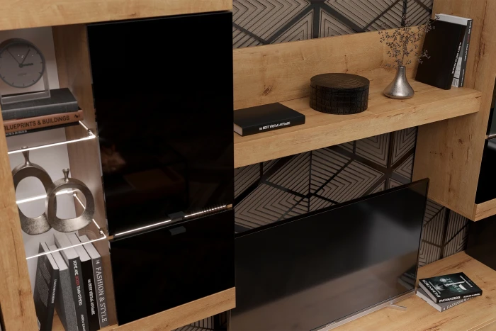 Прага Модульная Гостиная, вариант №3, вотан/Черный глянец