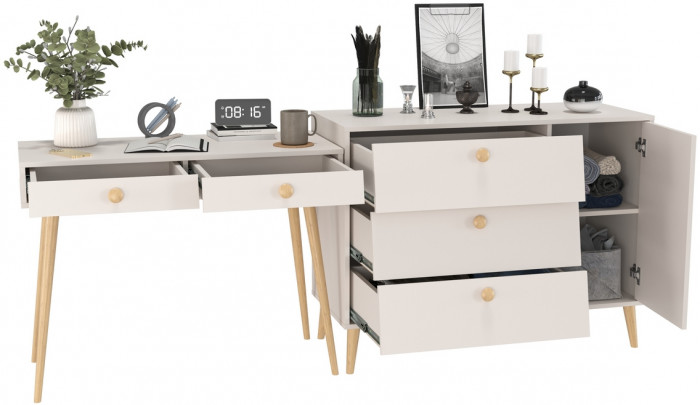 Афина Спальня Стол + Комод с дверкой и тремя ящиками, цвет кашемир серый, ШхГхВ 100х45х76 + 110х45,3х83 см., универсальная сборка