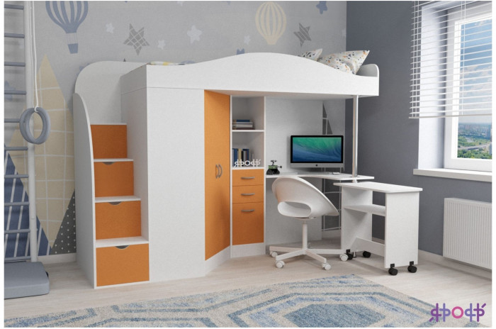 Кровать-чердак Юниор 4 (Ясень Анкор Темный/Оранжевый)