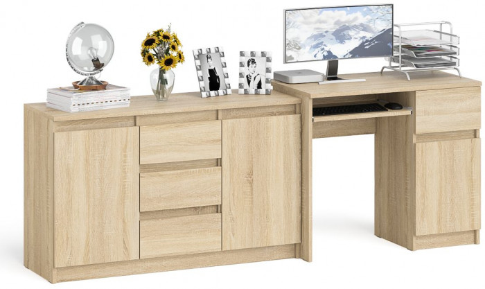 Мори Стол компьютерный МС-1 правый + Комод МК1200.3, цвет дуб сонома, ШхГхВ 210,4х50х76,6 см., выдвижной ящик справа, НЕ универсальная сборка