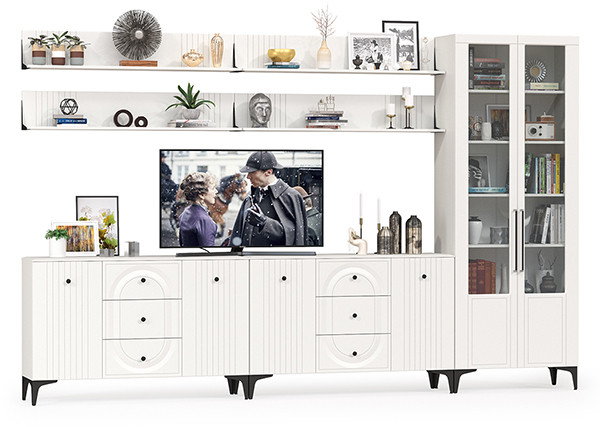 Валенсия Гостиная № 122, цвет ЛДСП белый шагрень/МДФ белый шагрень, ШхГхВ 350,4х38,4х225,2 см., универсальная сборка